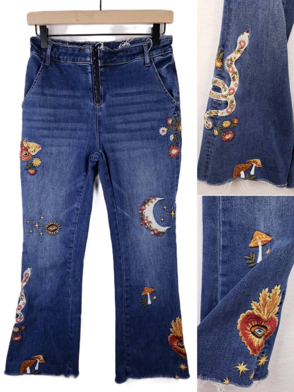 Driftwood Embroidered Jeans Flared Ankle Crop Celestial size S Bohemian Floral